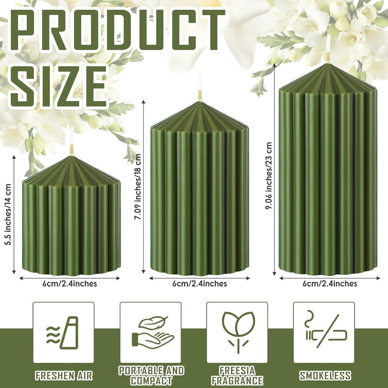Conelist Set of 3 Ribbed Pillar Candles Soy Wax Scented Ribbed Candles Includes 2.8, 4.2 and 5.1 Inches Heights Romantic Decoration for Home Birthday Gift(Moss Green) - Image 2